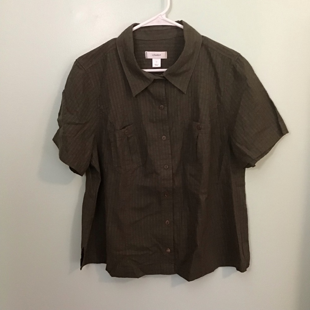 CJ Banks Olive Green Short Sleeve Button-Up Top